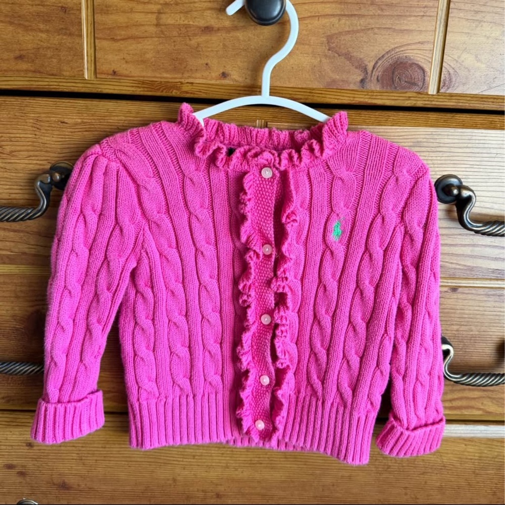 Y2K Ralph Lauren Pink Cable Knit Ruffle Cardigan Size 12m